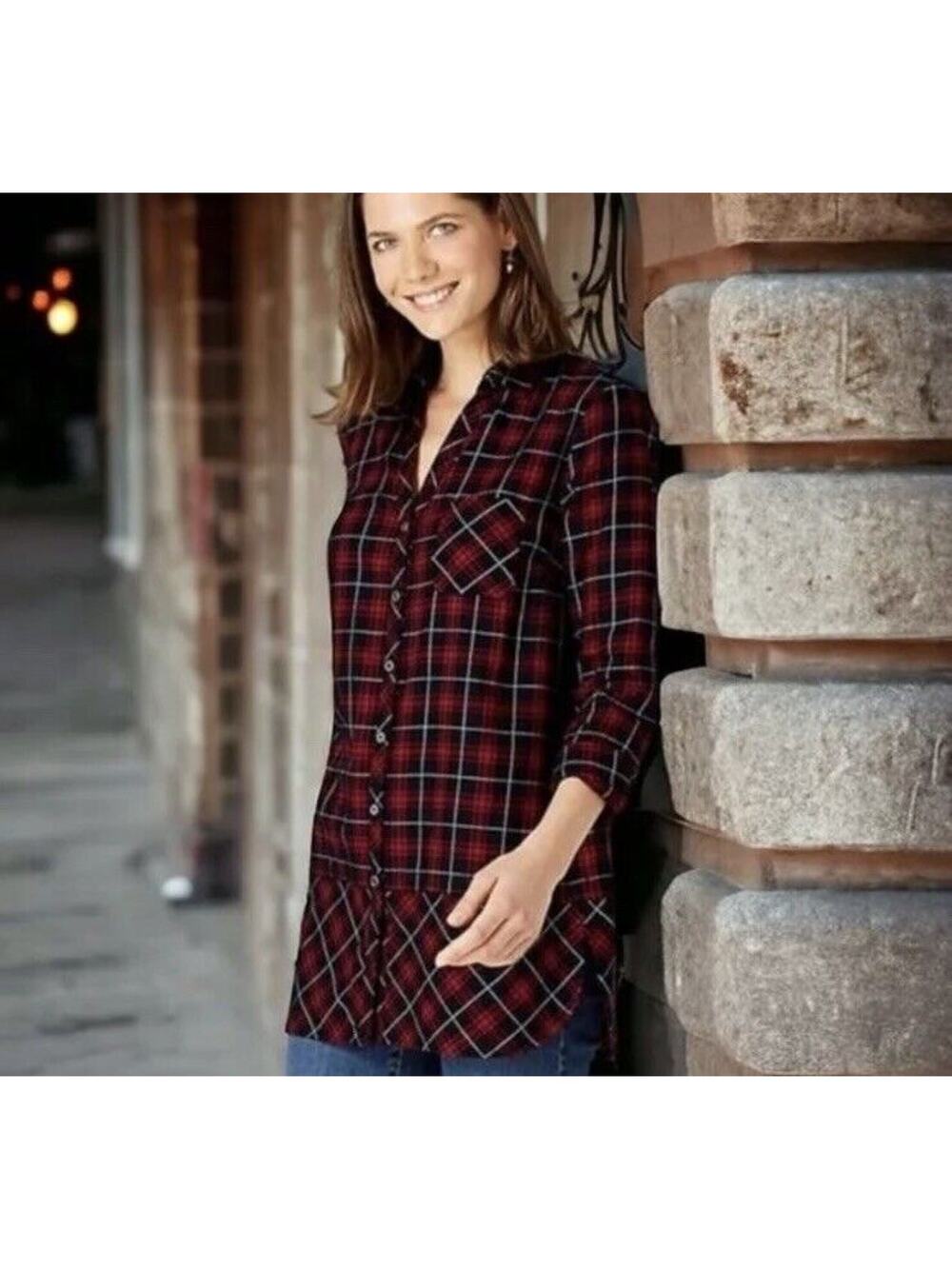 J. Jill Plaid Button Up Red Black Tunic Shirt Women’s Petite Medium Flannel